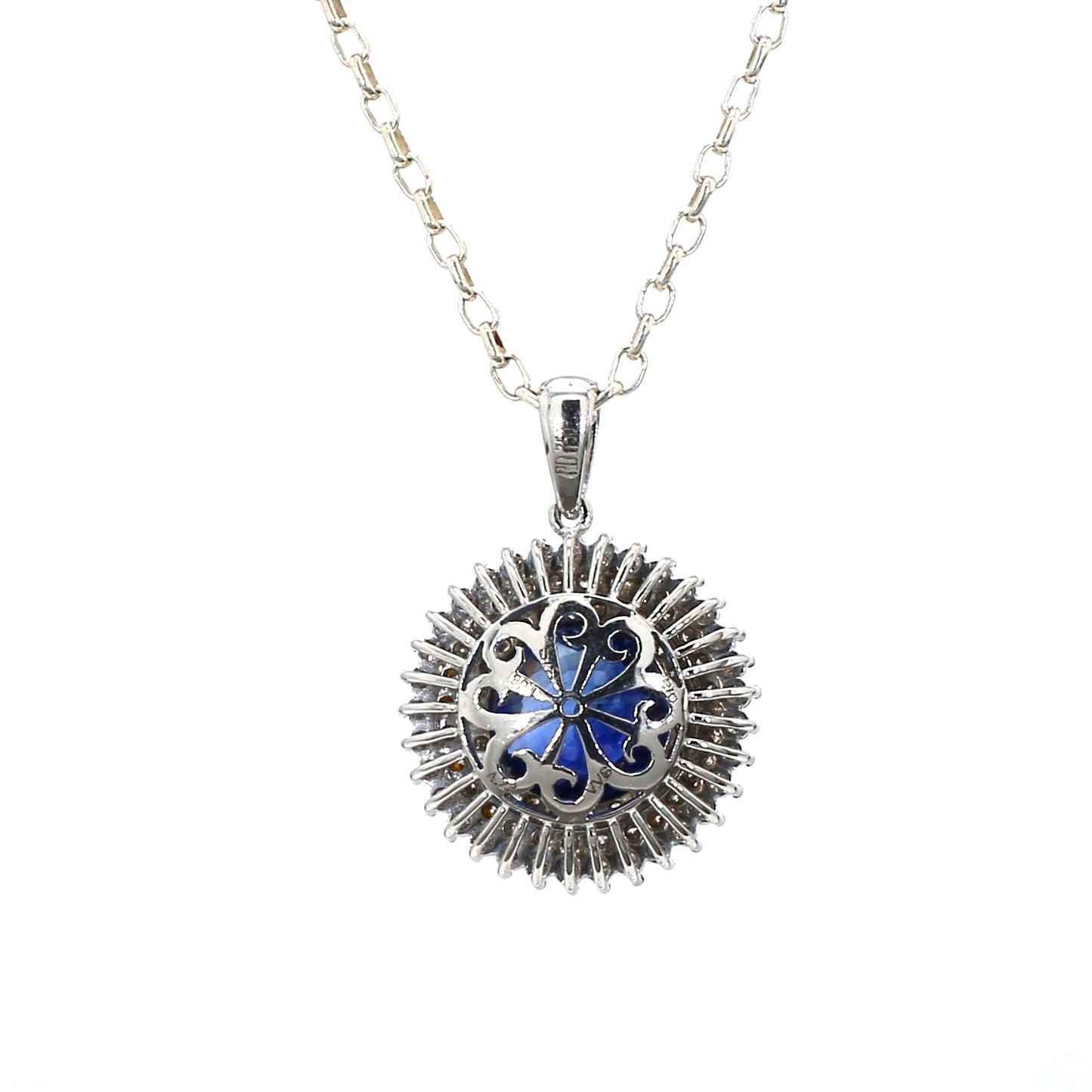 18K White Gold Round Blue Sapphire and Diamond Pendant