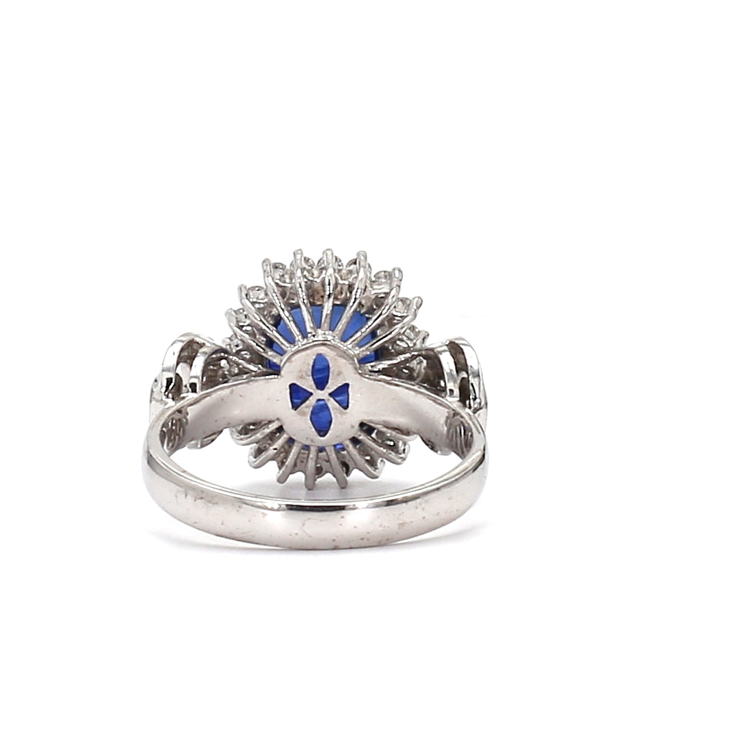 RING17-Grand Cushion-Cut Blue Sapphire and Diamond Halo Ring with Pavé Shoulders