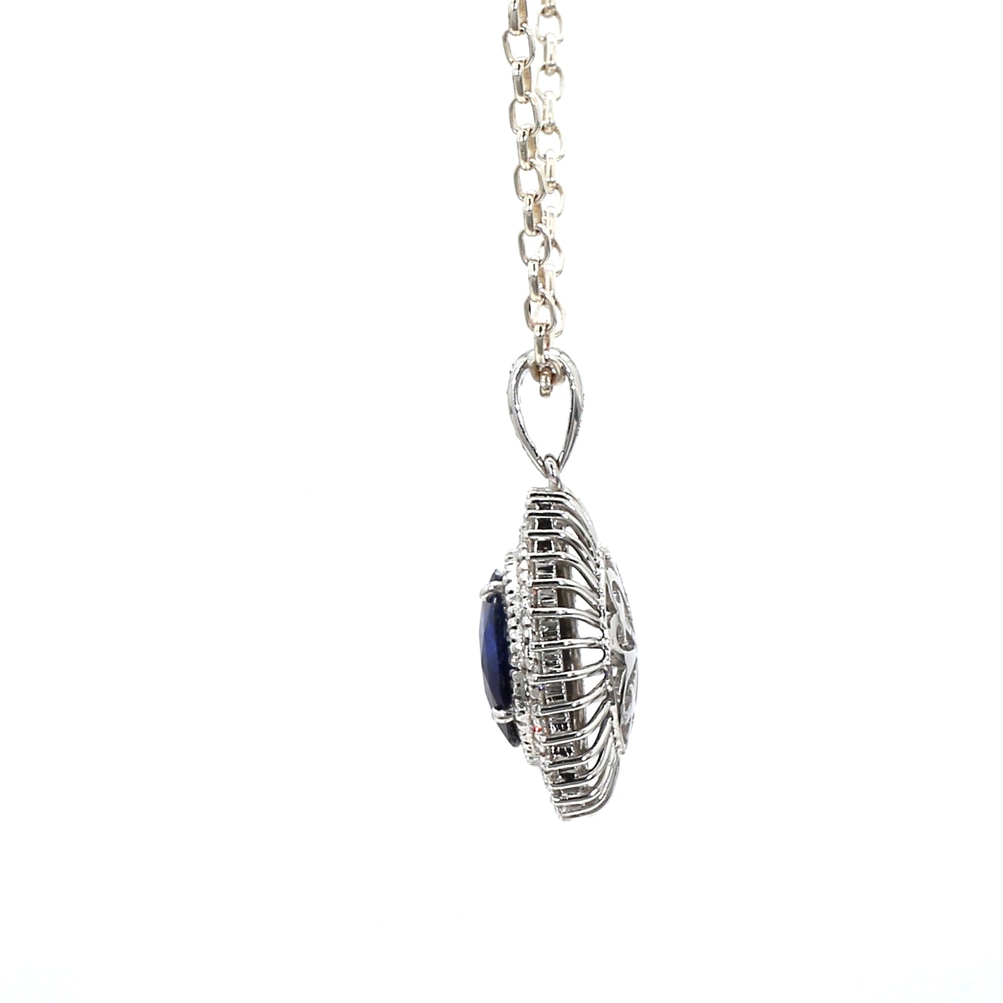 18K White Gold Round Blue Sapphire and Diamond Pendant