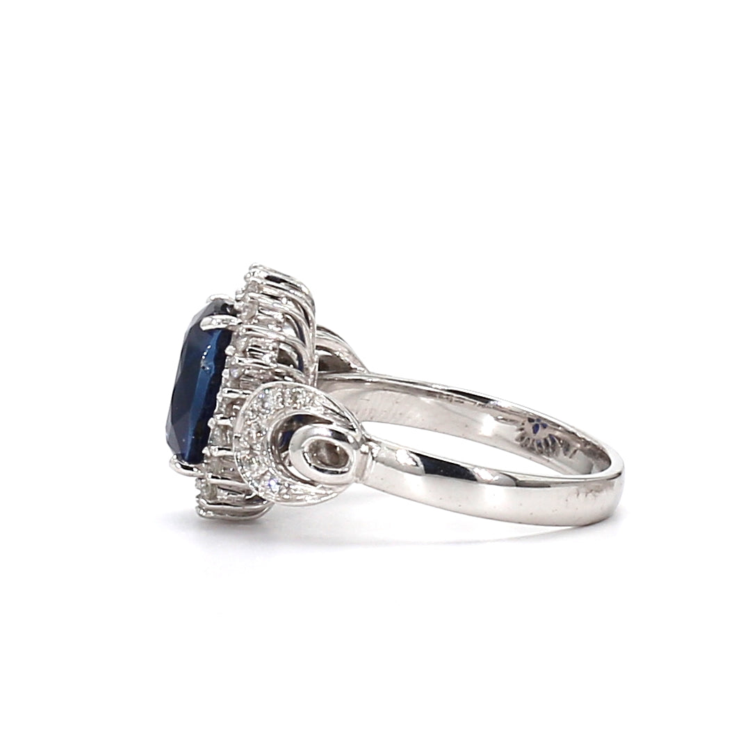 RING17-Grand Cushion-Cut Blue Sapphire and Diamond Halo Ring with Pavé Shoulders