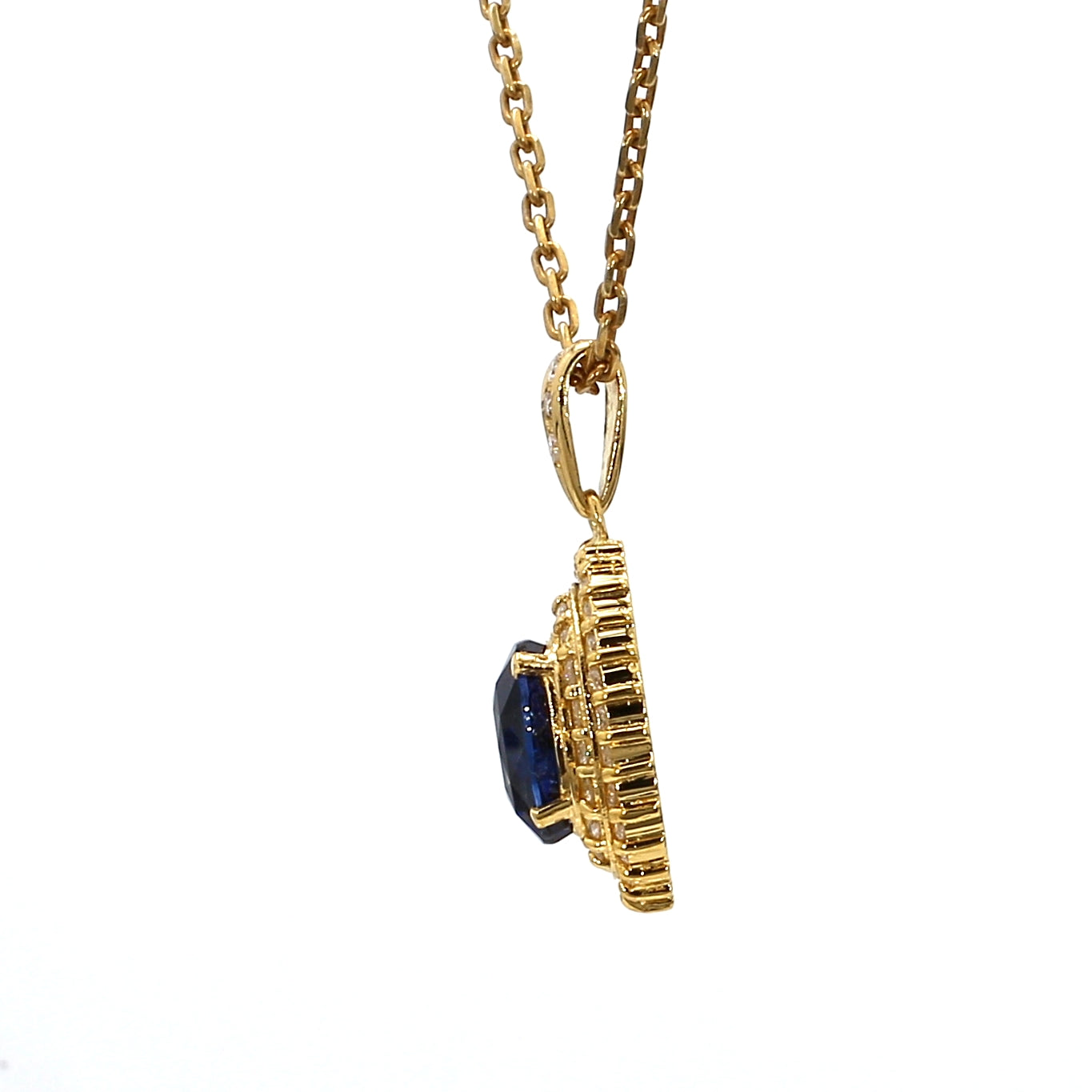 PEN39-Classic Oval Sapphire and Double Diamond Halo Pendant in Yellow Gold