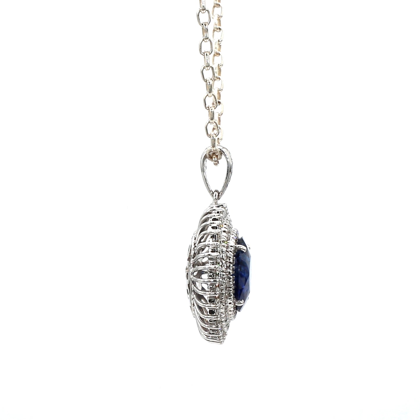 18K White Gold Round Blue Sapphire and Diamond Pendant