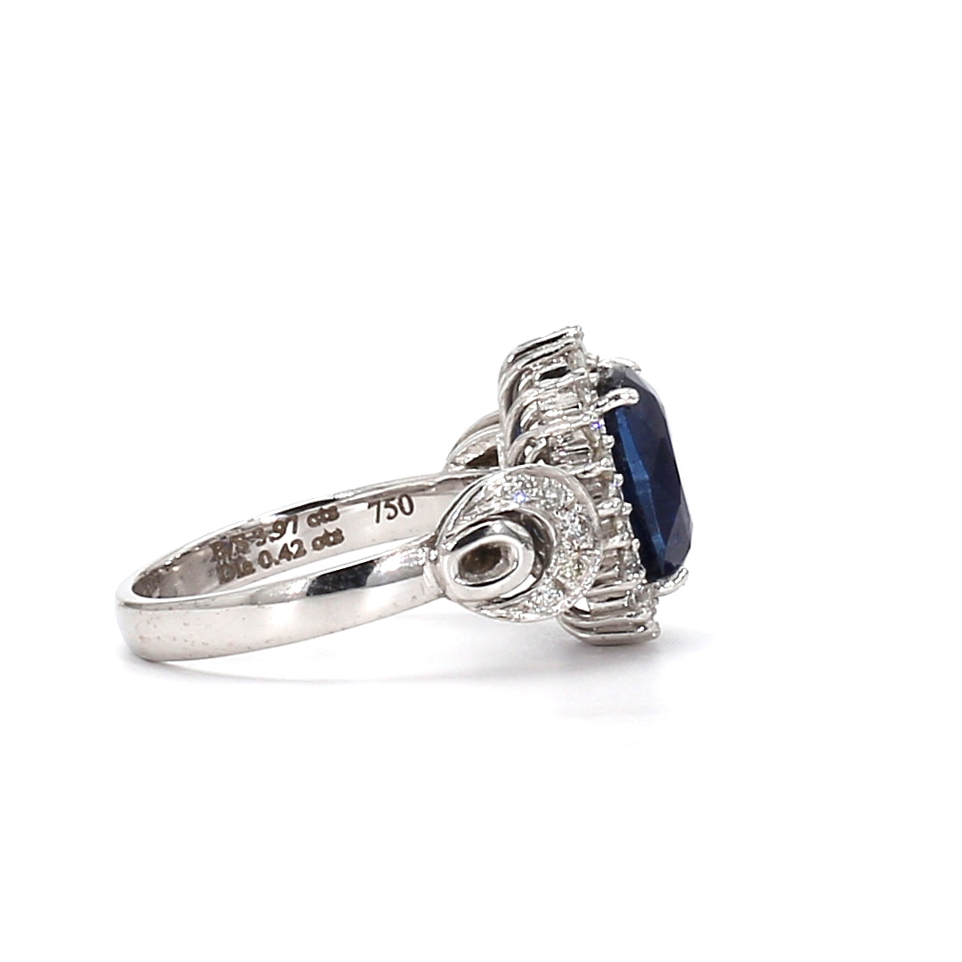 RING17-Grand Cushion-Cut Blue Sapphire and Diamond Halo Ring with Pavé Shoulders