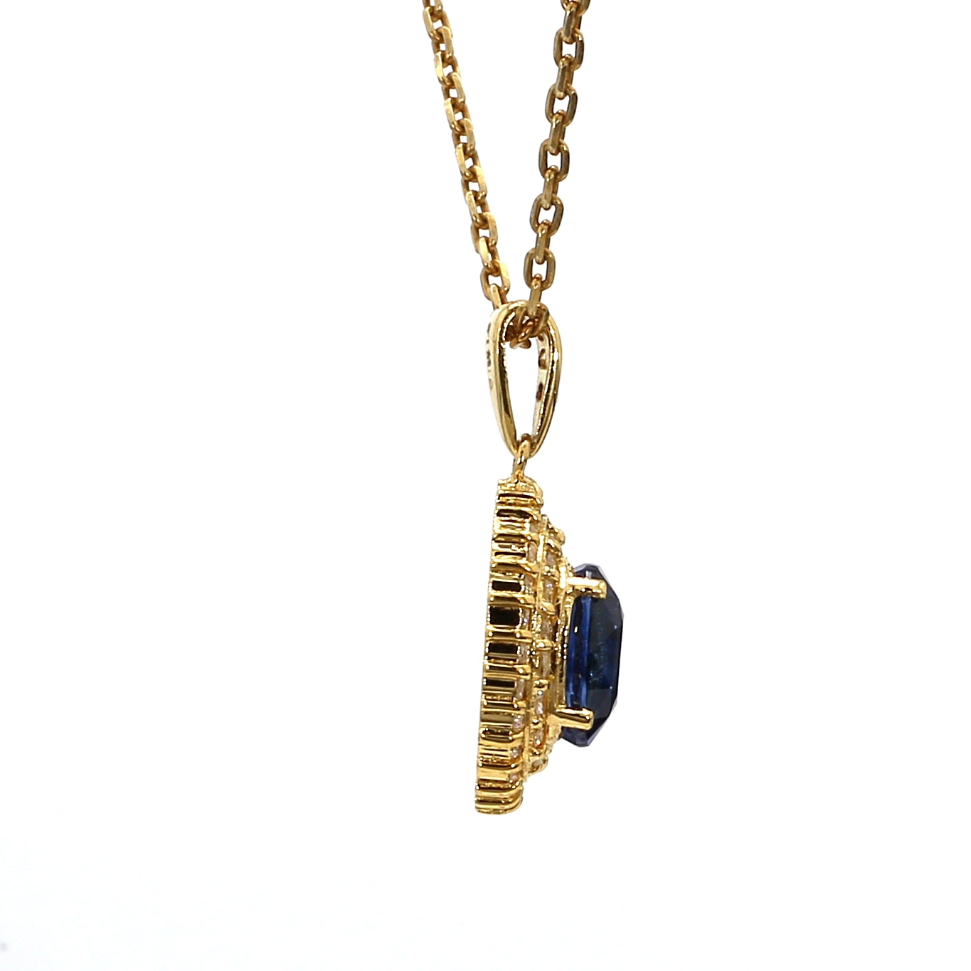 PEN39-Classic Oval Sapphire and Double Diamond Halo Pendant in Yellow Gold