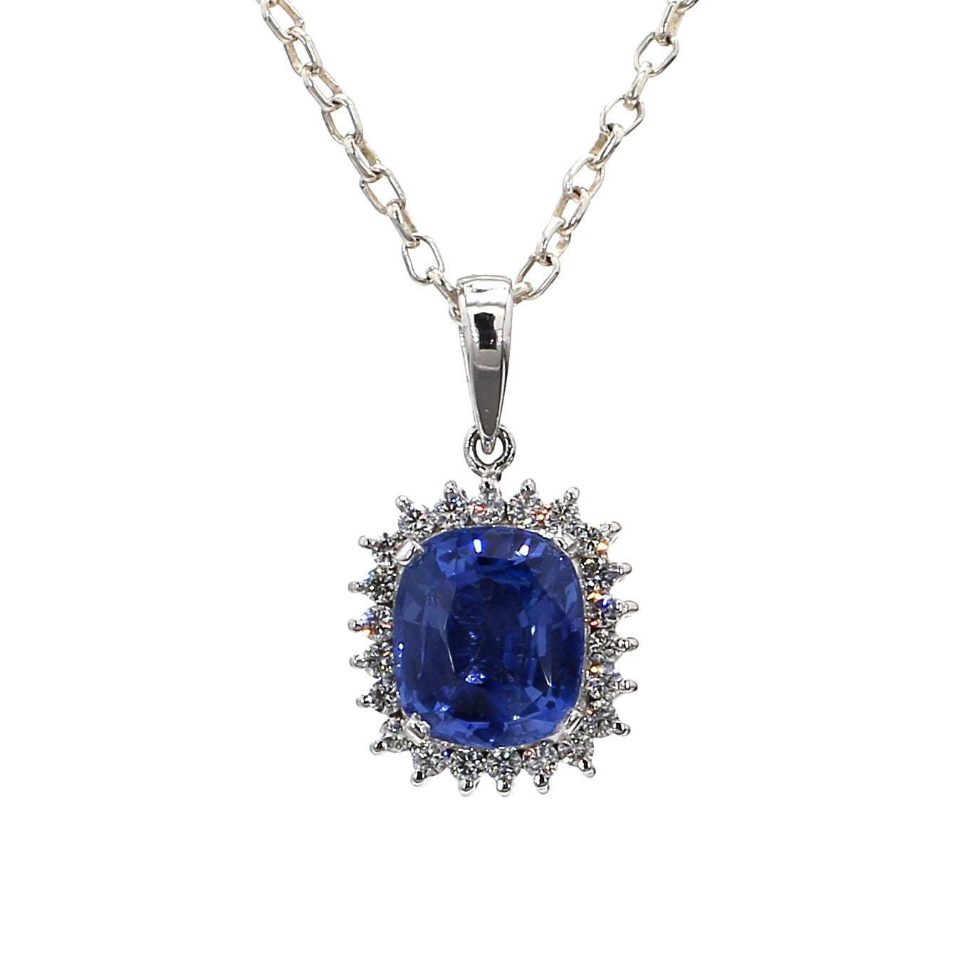 Diamond Round Blue Sapphire Pendant