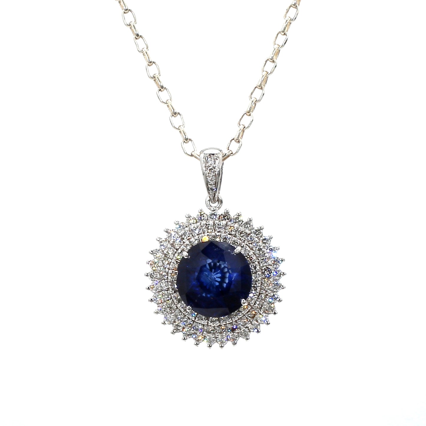 18K White Gold Round Blue Sapphire and Diamond Pendant