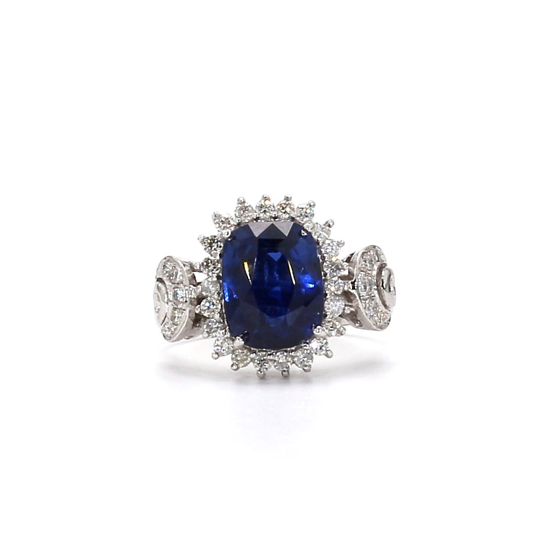 RING17-Grand Cushion-Cut Blue Sapphire and Diamond Halo Ring with Pavé Shoulders