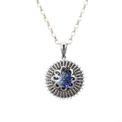 18K White Gold Round Blue Sapphire and Diamond Pendant
