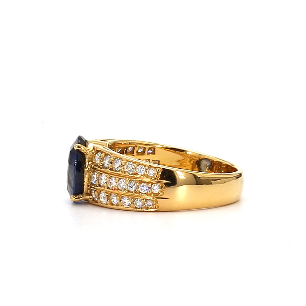 RING23-Wide Band Blue Sapphire and Triple-Row Diamond Ring in Yellow Gold