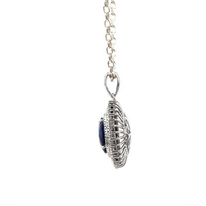 18K White Gold Round Blue Sapphire and Diamond Pendant