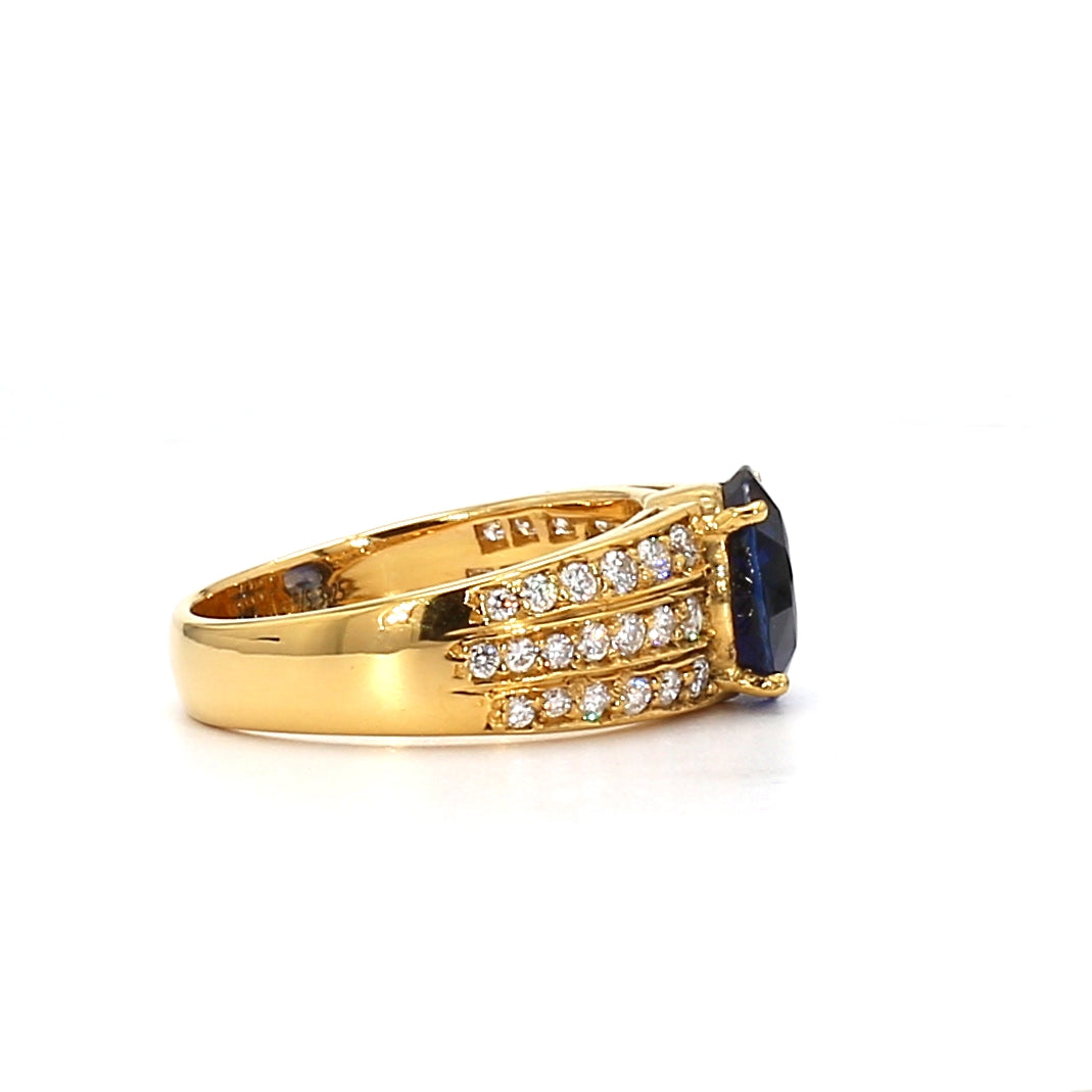 RING23-Wide Band Blue Sapphire and Triple-Row Diamond Ring in Yellow Gold
