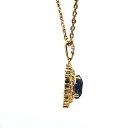 PEN39-Classic Oval Sapphire and Double Diamond Halo Pendant in Yellow Gold