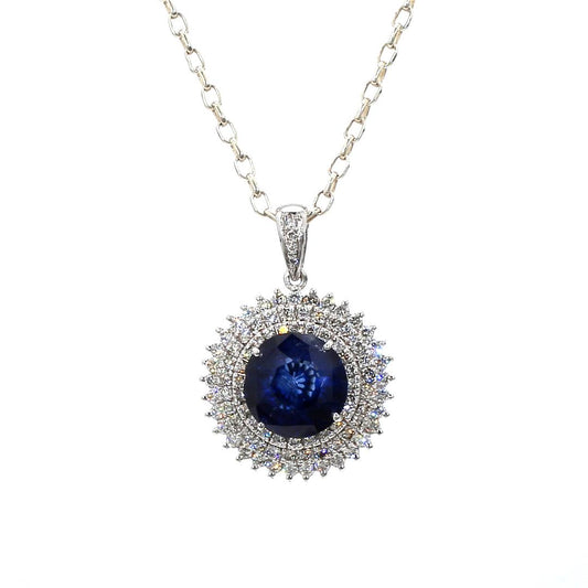 18K White Gold Round Blue Sapphire and Diamond Pendant