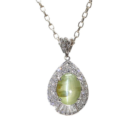 PEN38-Captivating Pear-Shaped Chrysoberyl Cat's Eye and Diamond Pendant