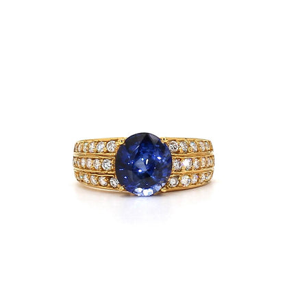 RING23-Wide Band Blue Sapphire and Triple-Row Diamond Ring in Yellow Gold