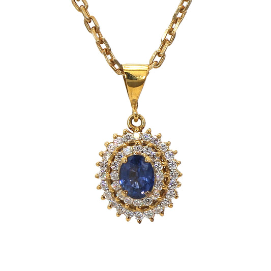 14K Yellow Gold Blue Sapphire and Diamond Pendant