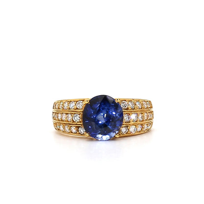 RING23-Wide Band Blue Sapphire and Triple-Row Diamond Ring in Yellow Gold