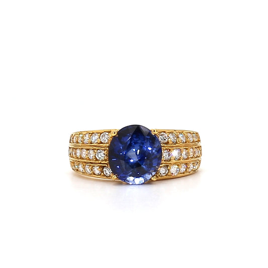 RING23-Wide Band Blue Sapphire and Triple-Row Diamond Ring in Yellow Gold