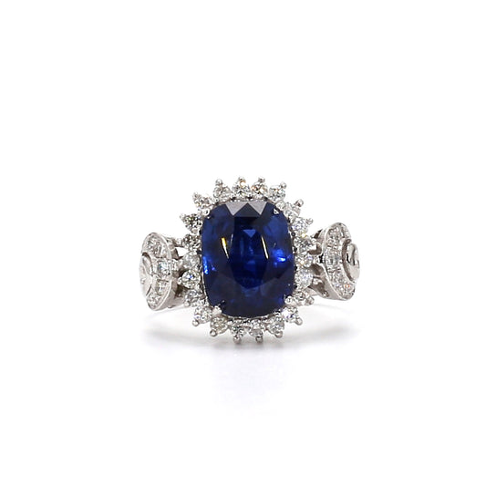 RING17-Grand Cushion-Cut Blue Sapphire and Diamond Halo Ring with Pavé Shoulders