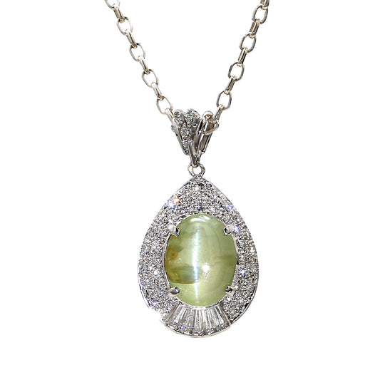 PEN38-Captivating Pear-Shaped Chrysoberyl Cat's Eye and Diamond Pendant